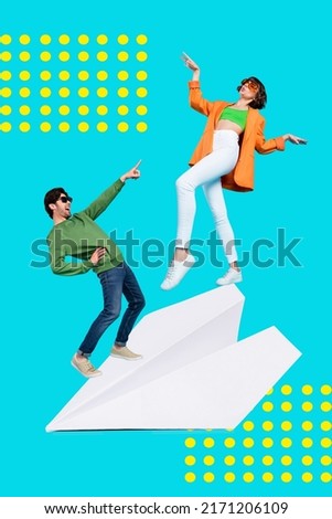 3d creative abstract template graphics collage of cheerful guy girl dancing standing paper plane isolated blue color background