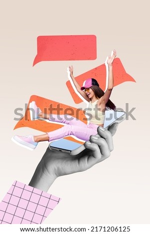 Vertical creative collage picture of huge arm hold telephone excited lady sitting display dialogue communication Royalty-Free Stock Photo #2171206125