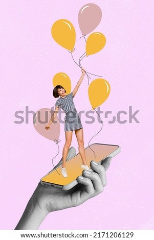Vertical collage picture huge hand hold telephone person stand screen hold air drawing balloons