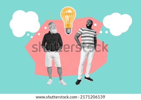 Collage of colleagues young old generation think common question decide idea light bulb isolated color background Royalty-Free Stock Photo #2171206139