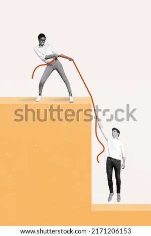 Photo artwork minimal collage of serious girl helping guy achieve working goals isolated white color background
