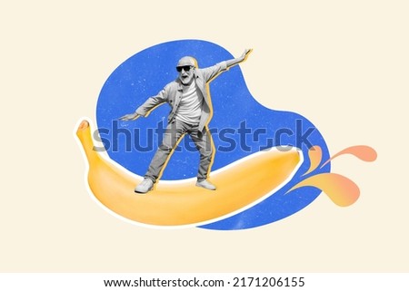 Composite collage picture of crazy excited person black white effect surfing large banana isolated on drawing background Royalty-Free Stock Photo #2171206155
