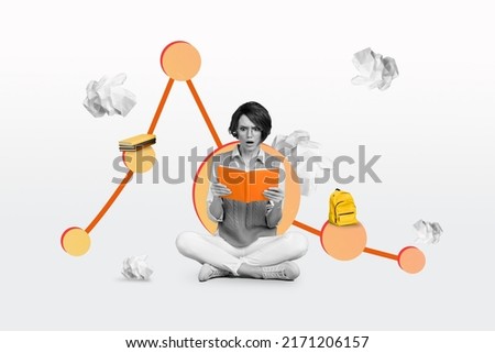 Collage picture of impressed crazy person black white colors hold read book isolated on creative background