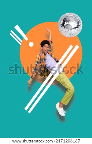 Creative 3d photo artwork graphics collage of happy multiethnic man dancing having fun isolated colorful background