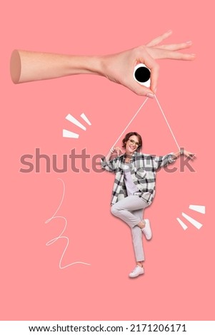 Photo cartoon comics sketch collage of funny funky lady powered by palm isolated pink background
