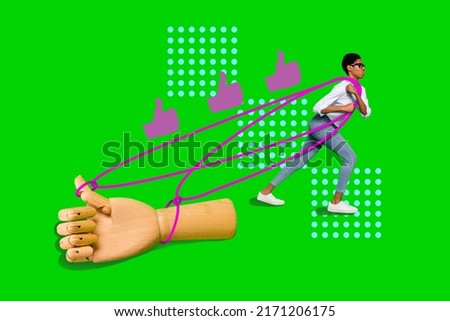 Photo cartoon comics sketch collage of black african american girl pilling heavy fake thumb up isolated green color background
