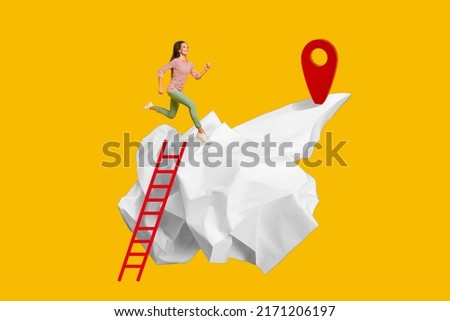 Full body collage image of energetic active young woman traveling to her future destination point isolated on yellow background