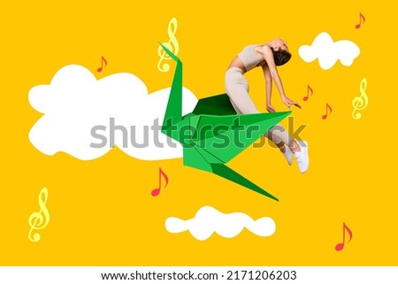 Full body collage photo of pretty girl feel free flying in air around clouds sitting on paper crane isolated on yellow background