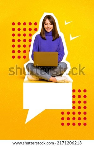 Vertical collage picture of positive girl sitting copyspace dialogue bubble use wireless netbook write email