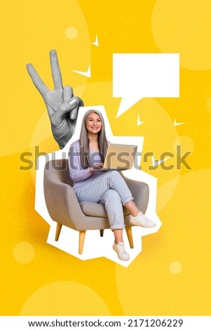 Vertical creative collage picture of aged person sitting chair use wireless netbook chatting huge black white colors arm demonstrate v-sign