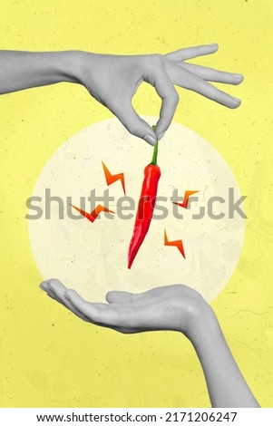 Creative abstract template graphics image of one arm giving another palm chili pepper isolated yellow drawing background