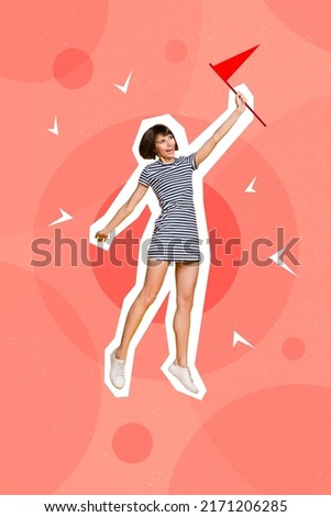 Creative 3d photo artwork graphics painting of funny funky lady rising small flag isolated drawing red background