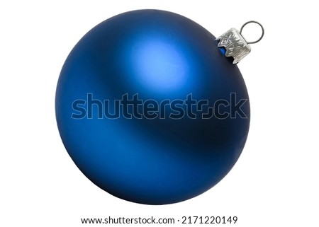 It is a dark blue Christmas ball on white background. New Year's Eve. This is close-up view of an isolated blue ball. Royalty-Free Stock Photo #2171220149