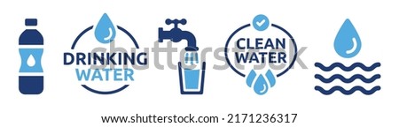 Drinking water icon vector set. Tap water with glass, bottle and clean water sign symbol illustration. Royalty-Free Stock Photo #2171236317