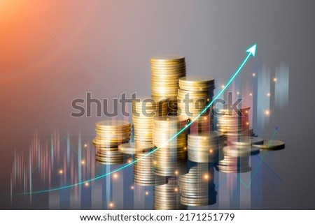 Coins are laid out in graph.Business success concept wealth stock investment.Business in the digital age.Digital transformation for next generation technology.Technology is growing by leaps and bounds Royalty-Free Stock Photo #2171251779