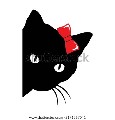Peeking black cat with red hair bow tie on white background. Isolated illustration.