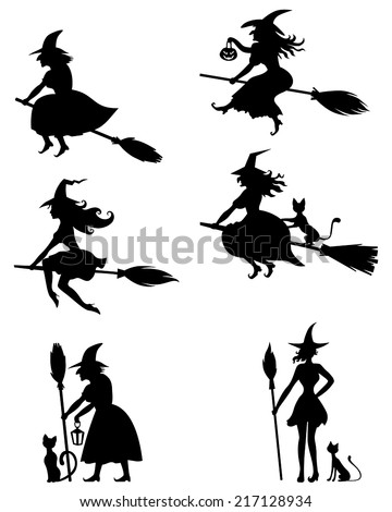  Set of silhouette black-and-white image of Halloween witches Royalty-Free Stock Photo #217128934