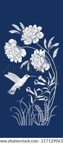 Bird and Flowers vector illustration. Interior, fabric print, stamp, engraving, stencil, packaging, card. Flying Hummingbird colibri Royalty-Free Stock Photo #2171290633
