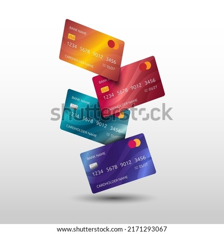 Falling credit cards. 3D fly money. Bank cashless payment. Debit finance elements. Business ATM pay concept. Realistic banking objects. Financial transactions. Vector cover background Royalty-Free Stock Photo #2171293067