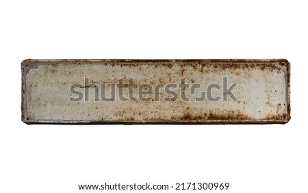 horizontal front view closeup of square empty rusted metal signboard plate with weathered texture isolated on white background
