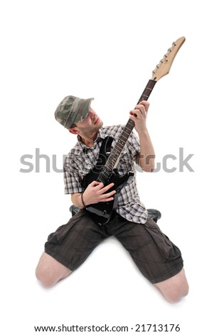 Guitar player isolated against white background