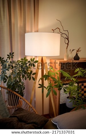 Stylish lampshade, potted plants, natural colors in a living room Royalty-Free Stock Photo #2171337031
