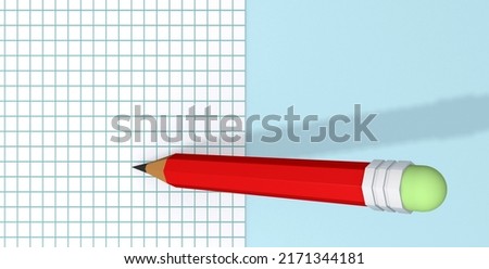 Paper sheet and red pencil on a blue background. 3d illustration.