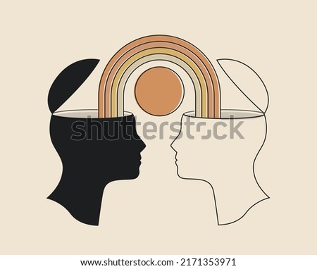 Conceptual illustration of relationships or empathy or positive emotional sharing with two heads and a rainbow between them isolated on light background. Vector illustration Royalty-Free Stock Photo #2171353971