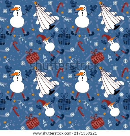 Winter seamless snowman and snowflakes and Christmas tree pattern for wrapping paper and fabrics and notebooks and kids 