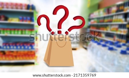 Three big red 3d question marks over shopping bag on blur supermarket background. Rising product prices. Inflation concept. Finance and Economy. Grocery store. Global food crisis. Supply chain issues.