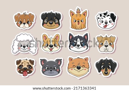 Different type of vector cartoon dog faces for stickers. Vector illustration of funny cartoon different dog breeds in trendy flat style. 