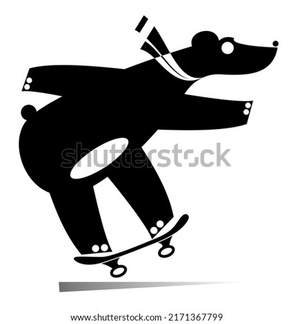Funny bear a skateboarder. 
Active life style idea. Cartoon bear riding on a skateboard black on white background
