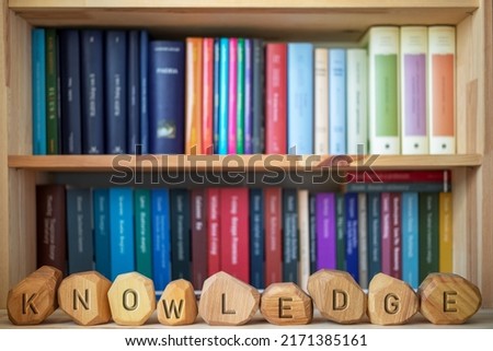 Word Knowledge written on wooden irregular blocks in front of blurred bookshelf.