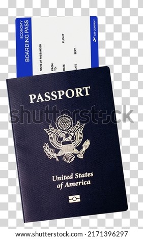 US or American Passport and boarding pass in hand including clipping path Royalty-Free Stock Photo #2171396297
