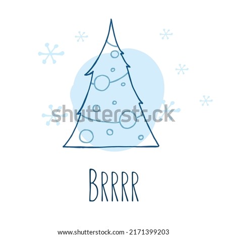A hand-drawn christmas tree. Vector illustration in doodle style. Winter mood. Hello 2023. Merry Christmas and Happy New Year. Blue element with a snowflakes on a white background.