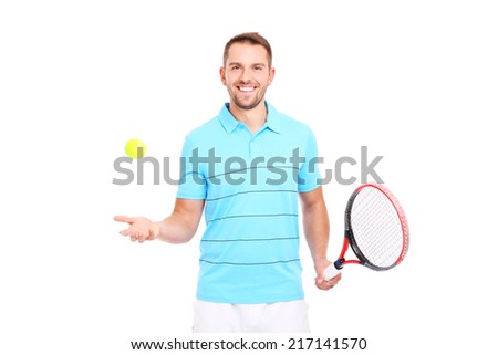 A picture of a handsome tennis player with a ball and racket over white background