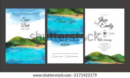 wedding invitation with mountain view and sea watercolor background	
