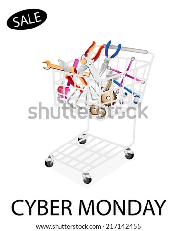 Shopping Cart Full with Various Type of Auto Service and Repair Tool Kits for Cyber Monday Shopping Season and Biggest Discount Promotion in A Year. 