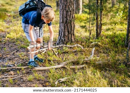 Child boy with backpack collecting wood for a camp fire at forest. Royalty-Free Stock Photo #2171444025