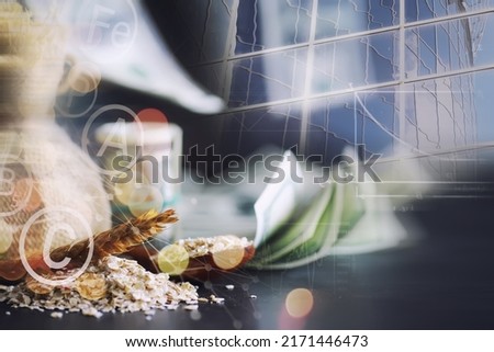 World grain crisis. Double exposure. A handful of cereals and 100 dollar banknotes on background.