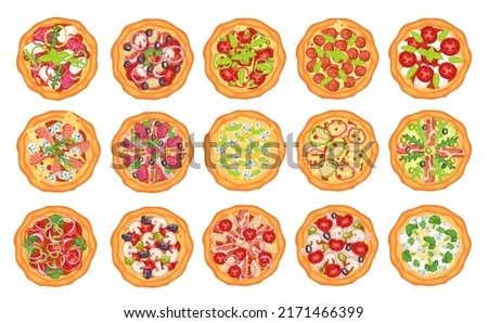 Top view pizza. Italian pizzas, margherita with mozzarella cheese and tomatoes slices, pepperoni with basil vector set. Margherita and pizza as italian food with tomato and pepperoni illustration