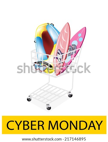 A Shopping Cart Full with Inflatable Boat or Inflatable Raft, Surfboards and Scuba Mask for Cyber Monday Shopping Season and Biggest Discount Promotion in A Year. 
