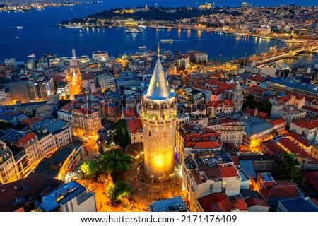 Galata tower at night in Istanbul, Turkey. Royalty-Free Stock Photo #2171476409