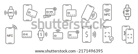NFC payment linear icons set vector outline illustrations. Royalty-Free Stock Photo #2171496395