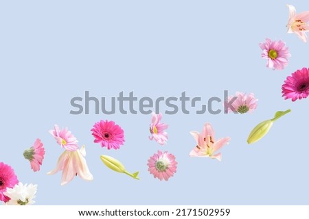 Summer creative layout with flying colorful flowers on a sky blue background. Big copy space.