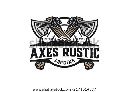 Axes rustic wood work logging logo axe design carpenter badge emblem style  Royalty-Free Stock Photo #2171514377