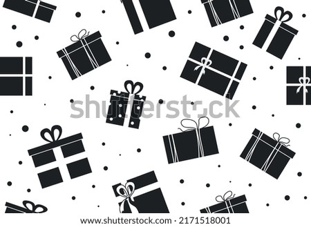 Seamless pattern with gift boxes. Simple template with black boxes and ribbons for happy birthday greetings. Design element for wrapping paper, postcards and printing. Cartoon flat vector illustration