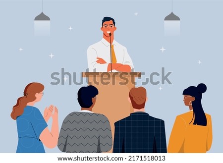 Successful public speaking concept. Young confident male speaker stands behind podium and speaks to large audience or crowd of people. Entrepreneur or politician. Cartoon flat vector illustration Royalty-Free Stock Photo #2171518013