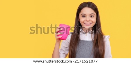 For the thirsty. Thirsty girl hold plastic cup. Drinking water or refreshing drink. Beverage advertising. . Horizontal poster design. Web banner header, copy space. Royalty-Free Stock Photo #2171521877