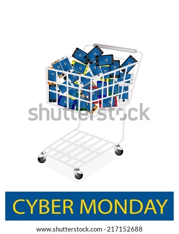 A Shopping Cart Full with Various Colors of Cellular Phone or Mobile Smart Phone for Cyber Monday Shopping Season and Biggest Discount Promotion in A Year. 